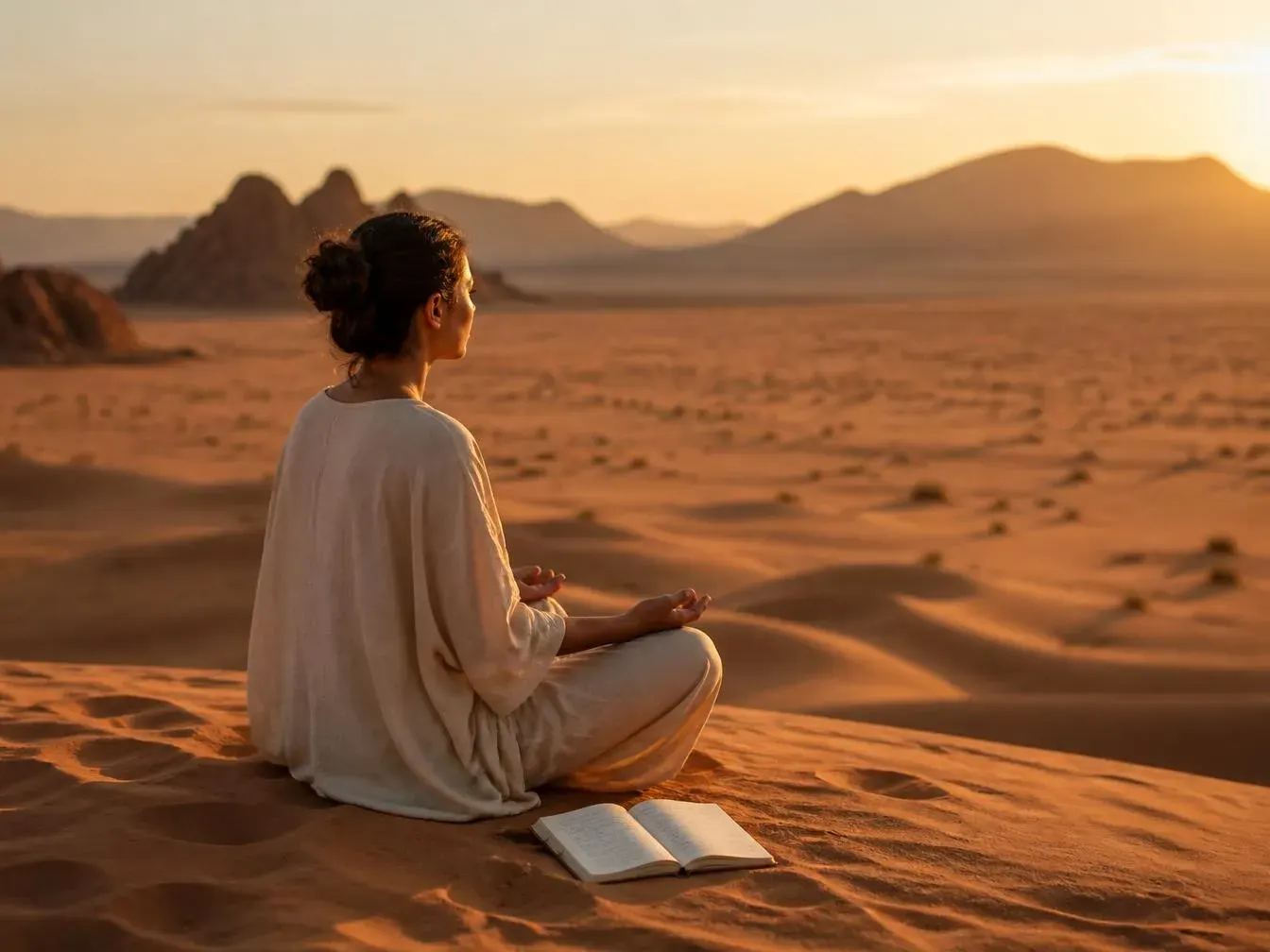 Meditating on a desert dune at sunrise with an open journal